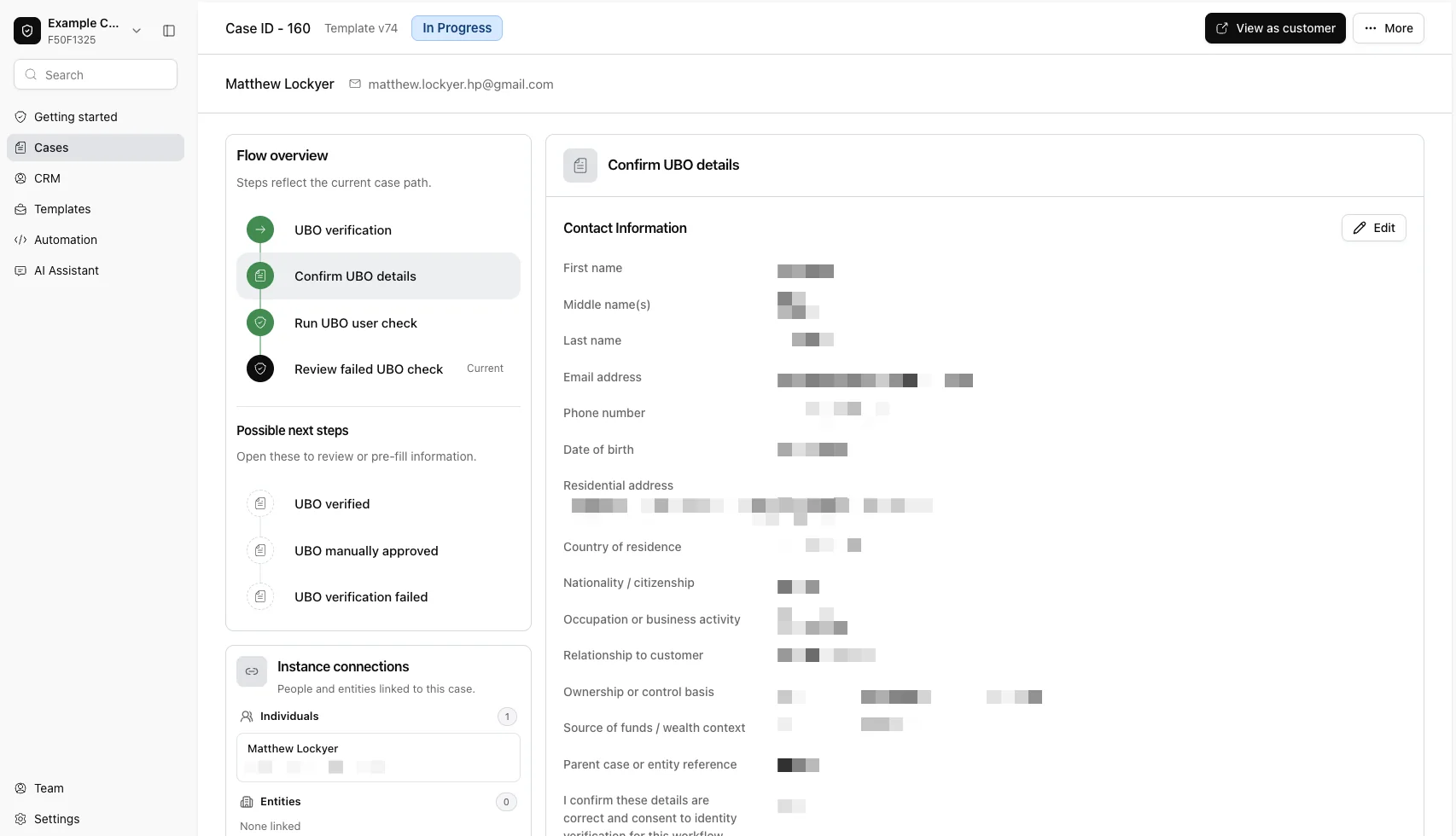 Swootle case detail page with personal fields redacted, showing case status, workflow information and submitted data.