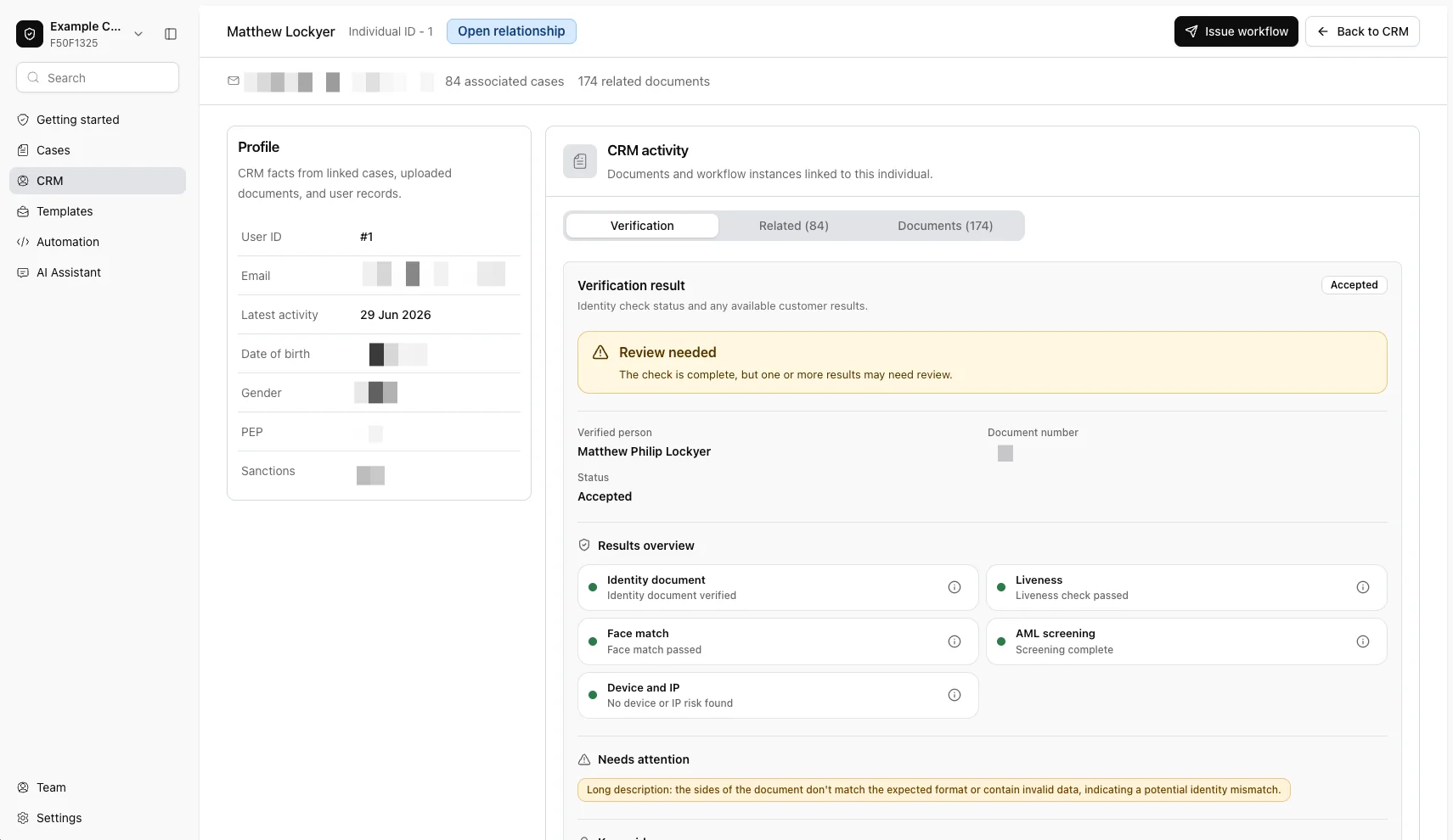 Swootle CRM profile with sensitive personal fields redacted, showing profile data and linked records.