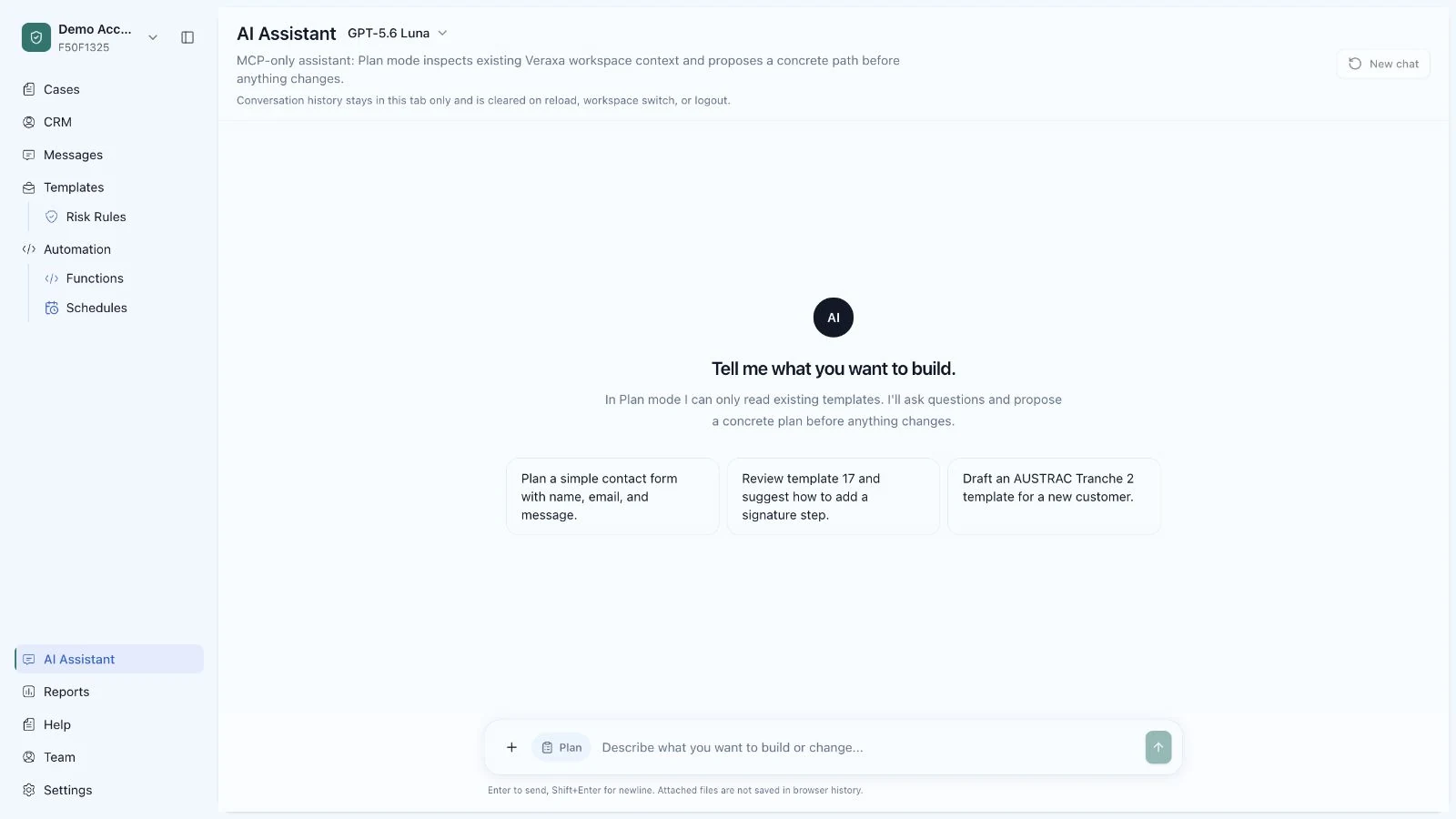 Swootle AI Assistant offering to plan a contact form, review a template or draft an AUSTRAC workflow.