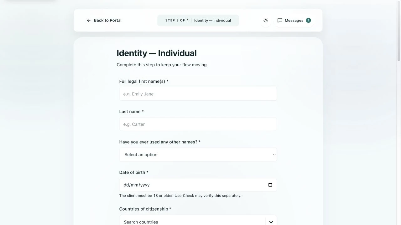 Swootle customer onboarding form collecting individual identity details with step progress and messages.