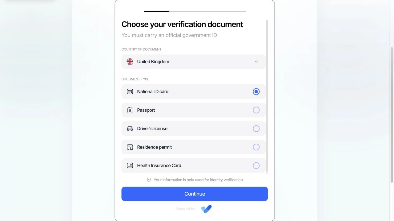 Embedded identity verification screen asking the customer to choose a government identity document.