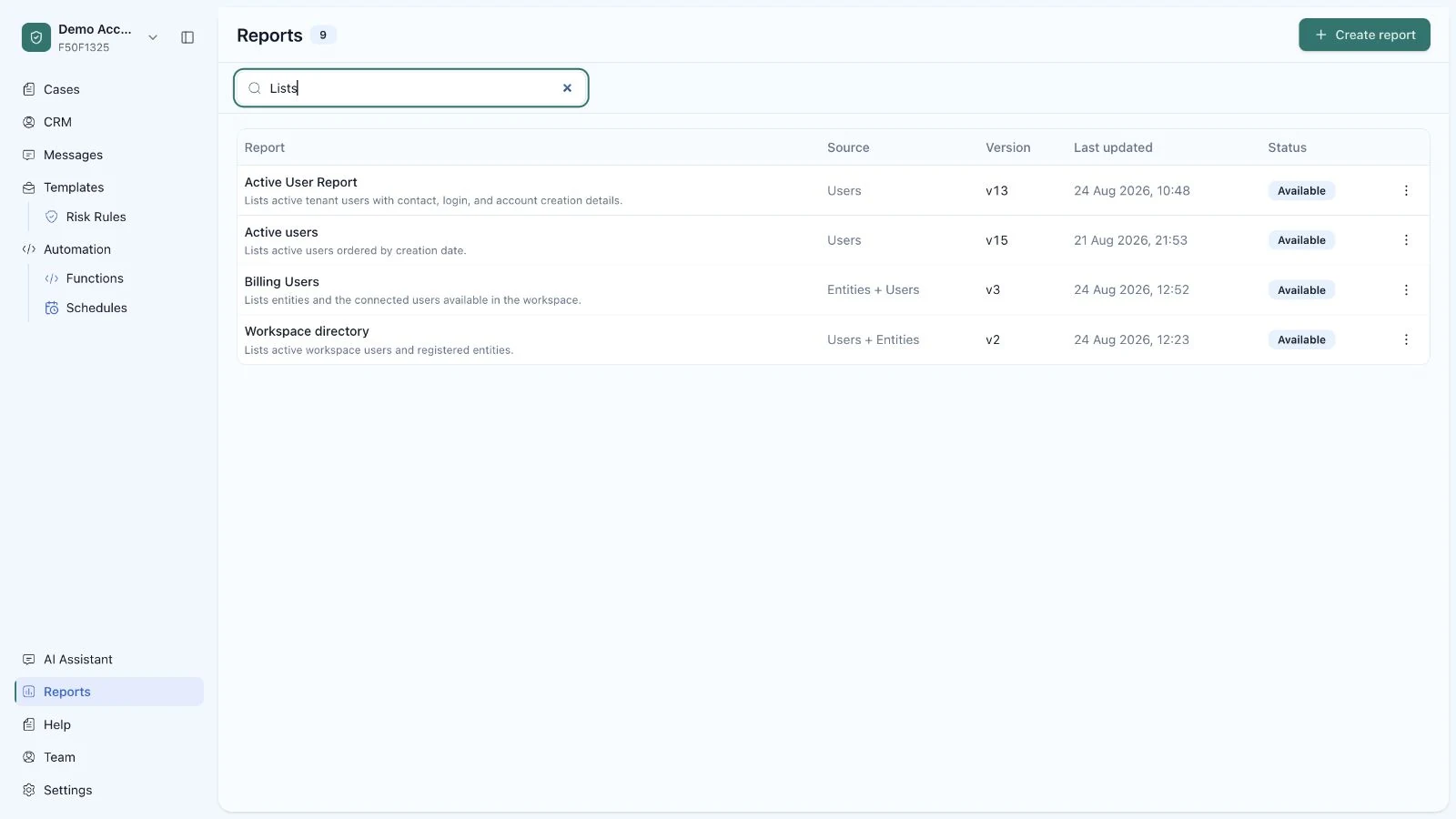Swootle reports library filtered to active user, billing user and workspace directory reports.