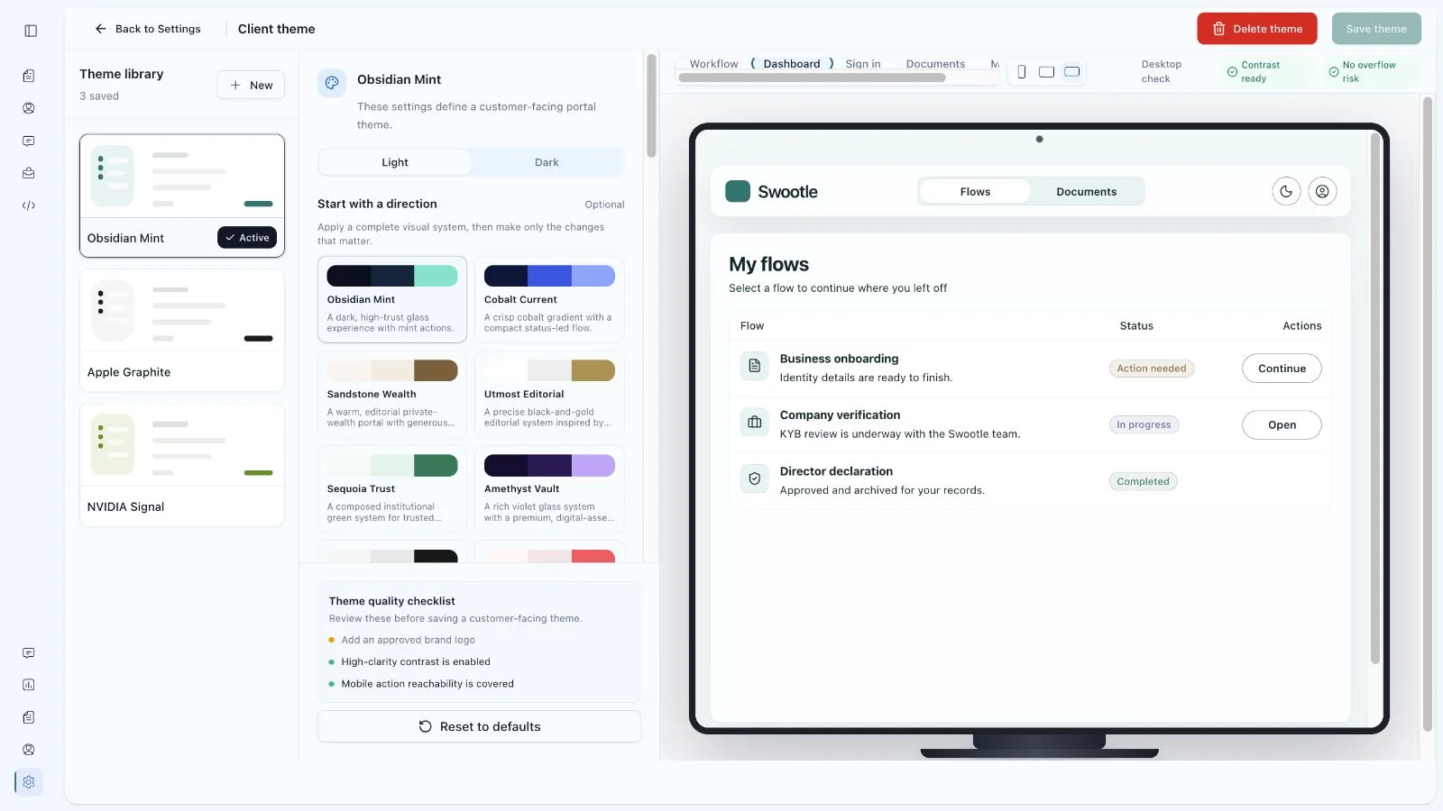 Swootle client theme designer with collapsed admin navigation, showing saved themes beside a desktop dashboard preview.